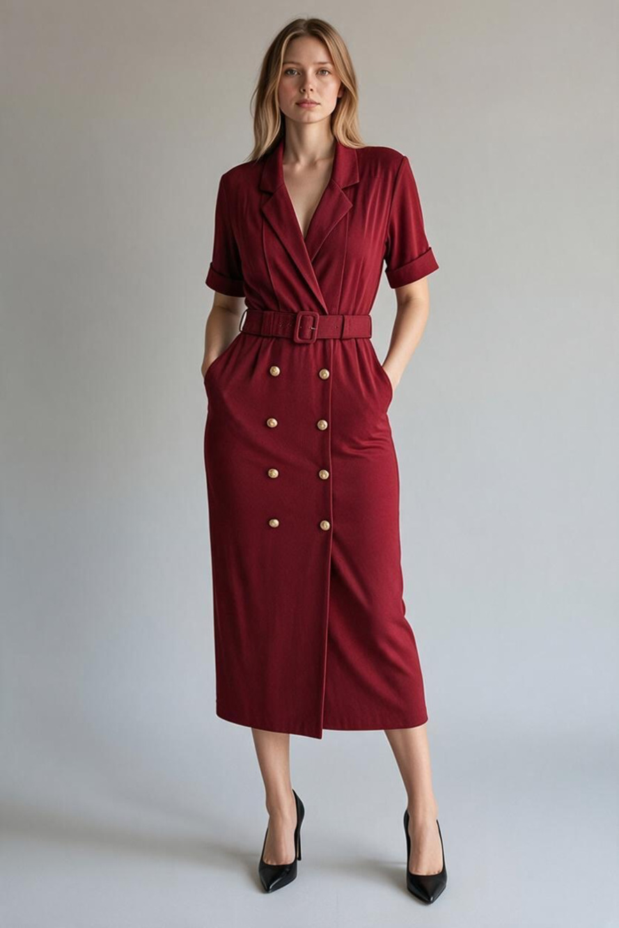 Vintage Blazer Dress Size 14 Red Double Breasted Belted Midi